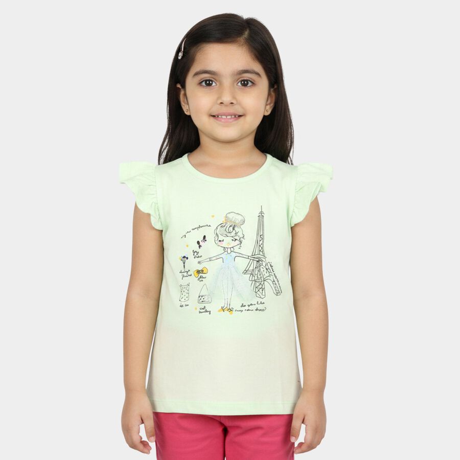 Girls Mint Green Cotton Round Neck Casual T-Shirt, Light Green, large