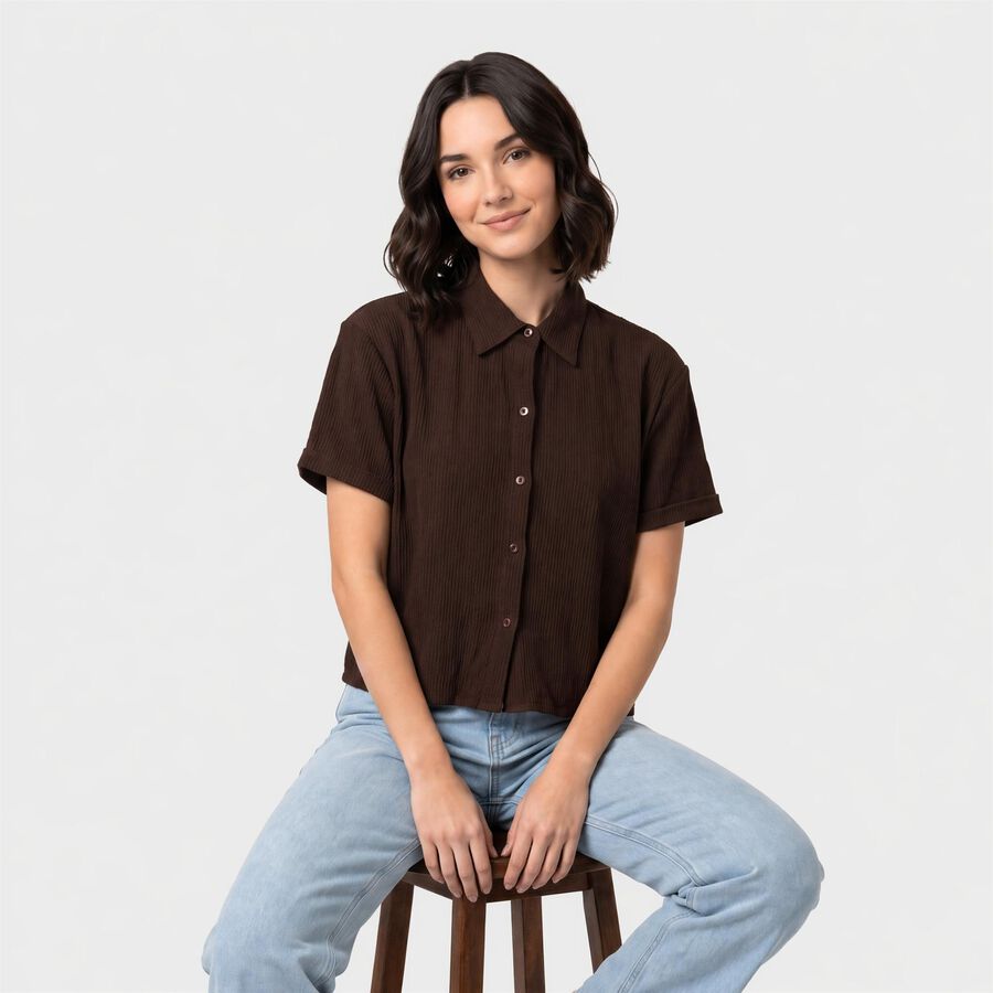 Women's Brown Solid Collared Shirt, भूरा, large