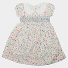 Girls' White Floral Printed Smocked Fit and Flare Frock, Off White, small