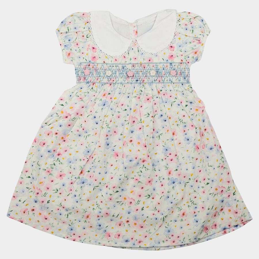 Girls' White Floral Printed Smocked Fit and Flare Frock, Off White, large