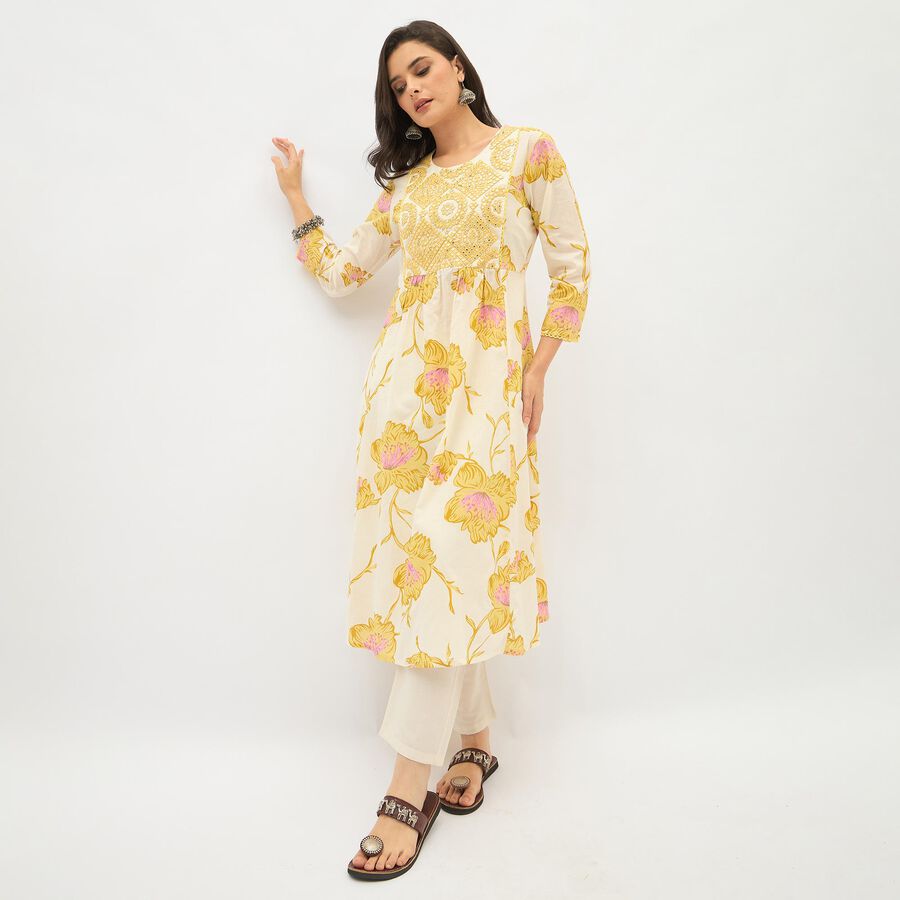 Women's Light Cream Round Neck Embroidered Floral Kurti, पीला, large image number null