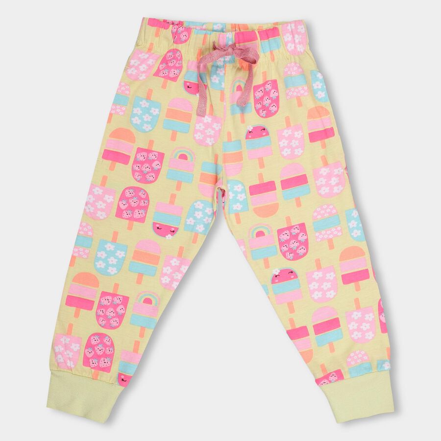 Girls' Light Yellow Ice Cream Printed Cotton Pyjama, Yellow, large image number null