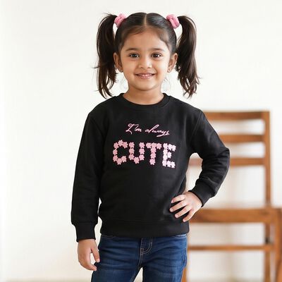 Girls Black Round Neck Graphic Pullover Sweatshirt
