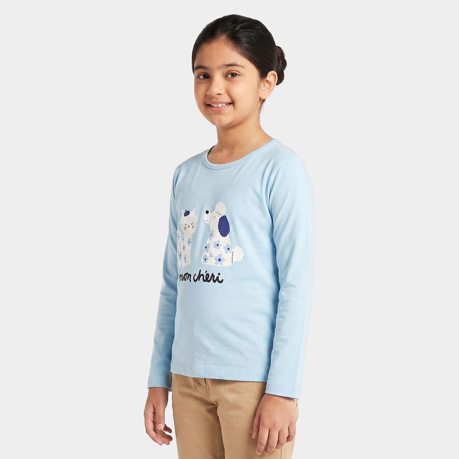 Girls Light Blue Round Neck Regular Top, हल्का नीला, large