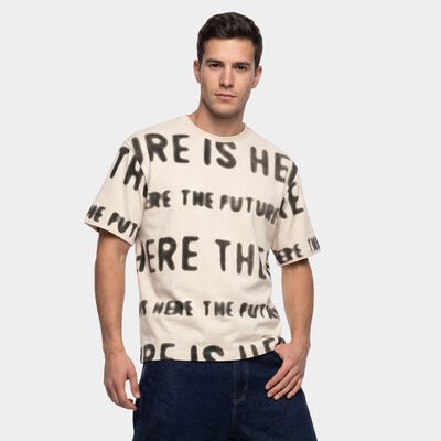 Men's Cream Round Neck Graphic Print Regular T-Shirt