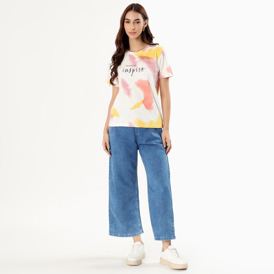 Women's Stonewashed Blue Wide-Leg Relaxed Fit Jeans, Mid Blue, large image number null