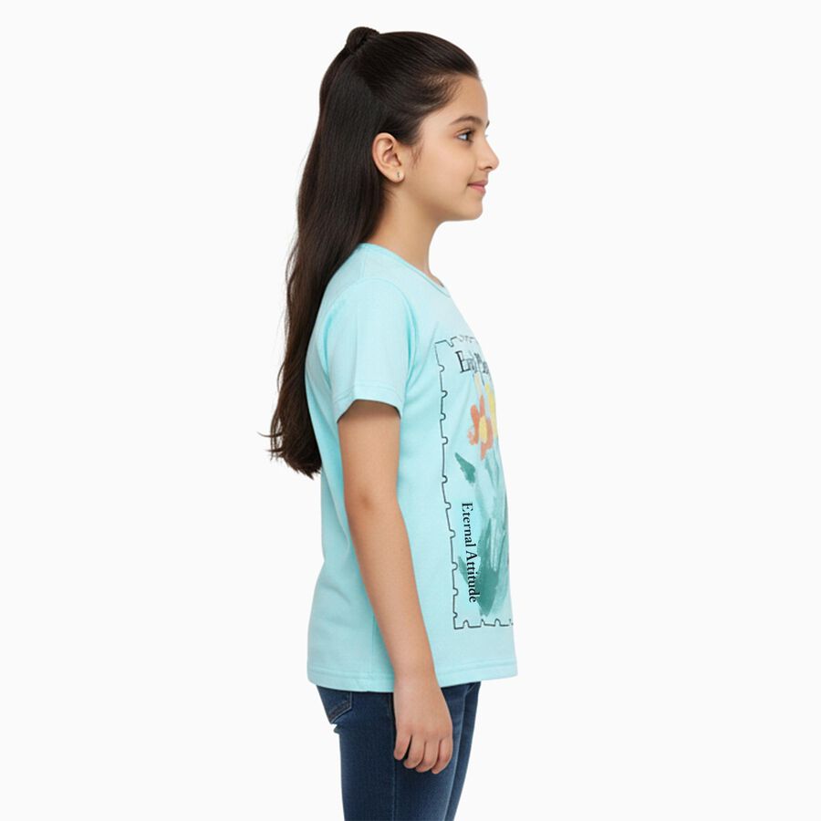 Girls Bright Aqua Blue Round Neck Casual T-Shirt, एक्वा, large image number null