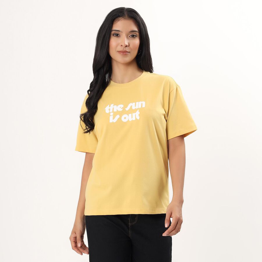 Women's Yellow Round Neck Casual T-Shirt, Yellow, large
