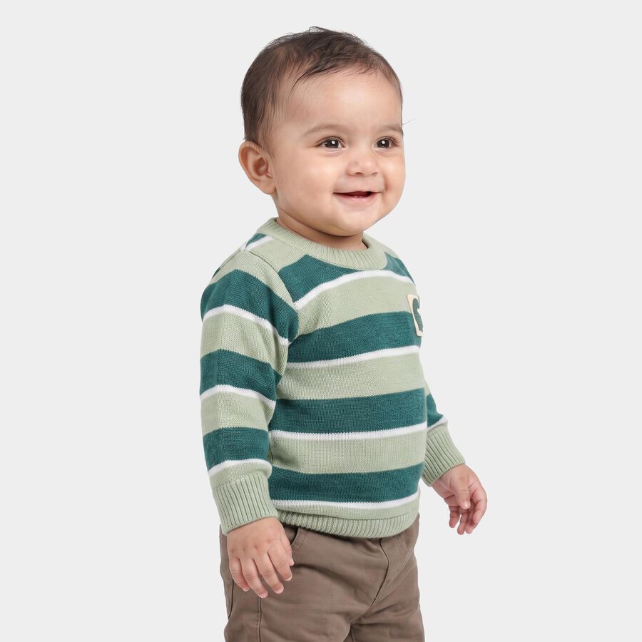 Infants' Olive Green Crew Neck Striped Pullover, ओलिव, large