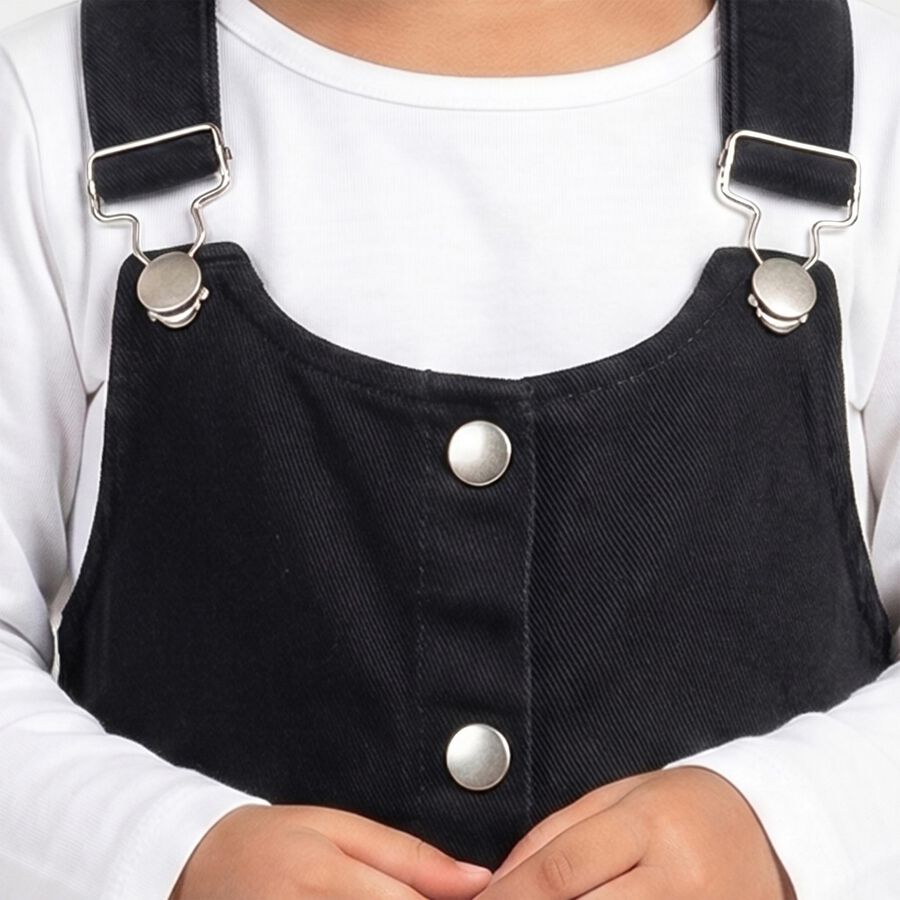 Girls' Black A-Line Button Front Pinafore Frock, काला, large