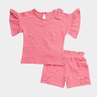 Girls Bright Coral Pink Ruffle Sleeve Top and Shorts Set, गुलाबी, small