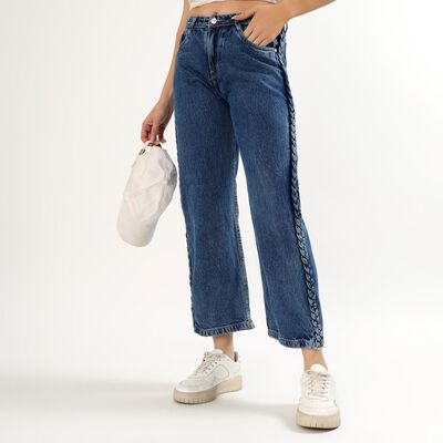 Women's Deep Indigo Wide-Leg Braided Jeans