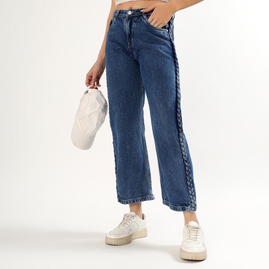 Women's Deep Indigo Wide-Leg Braided Jeans, हल्का नीला, large image number null