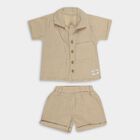 Infants' Beige Cotton Collared Textured Baba Suit, Beige, small