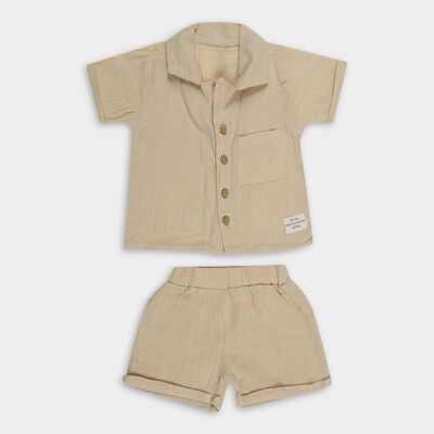 Infants' Beige Cotton Collared Textured Baba Suit