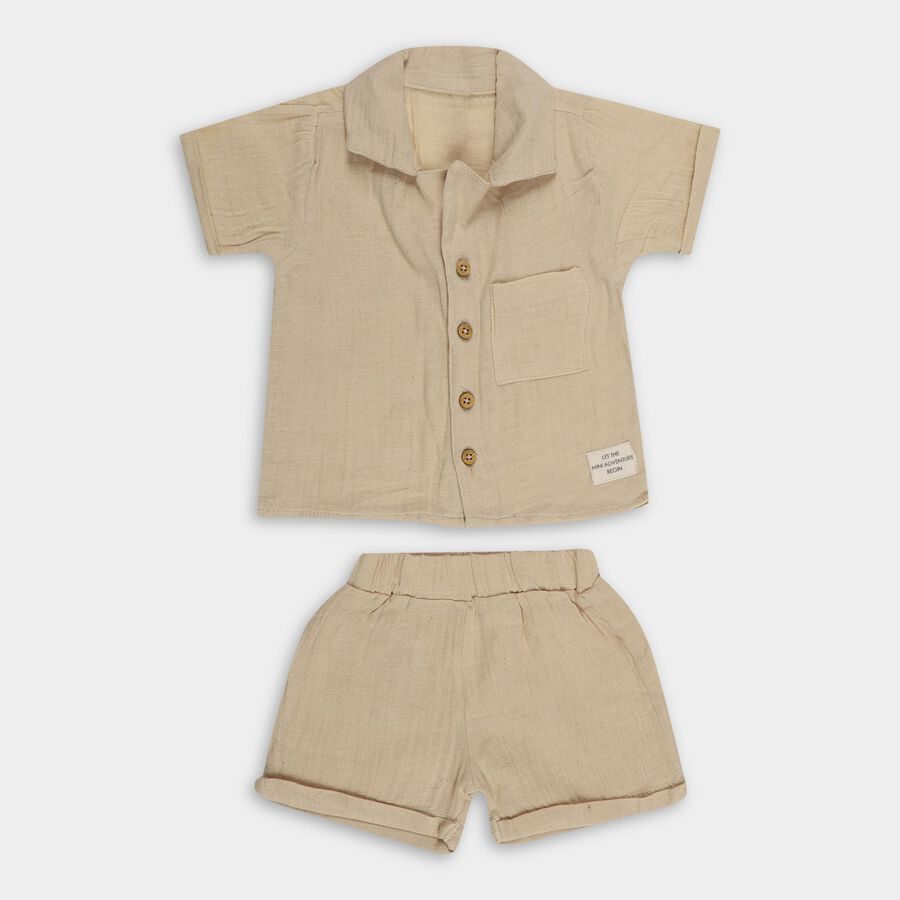 Infants' Beige Cotton Collared Textured Baba Suit, Beige, large