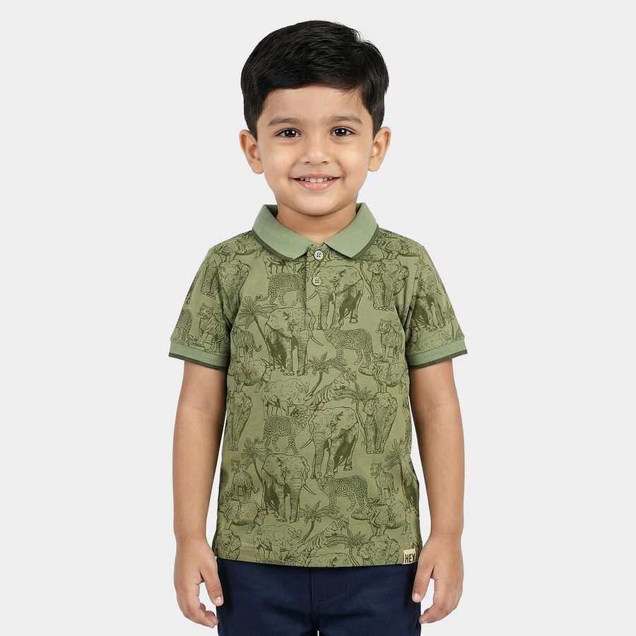 Boys Olive Green Cotton Polo Neck Casual T-Shirt, Olive, large