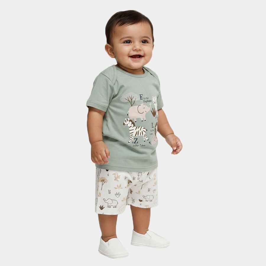 Infants' Mint Cotton Round Neck Animal Graphic Baba Suit, Light Green, large