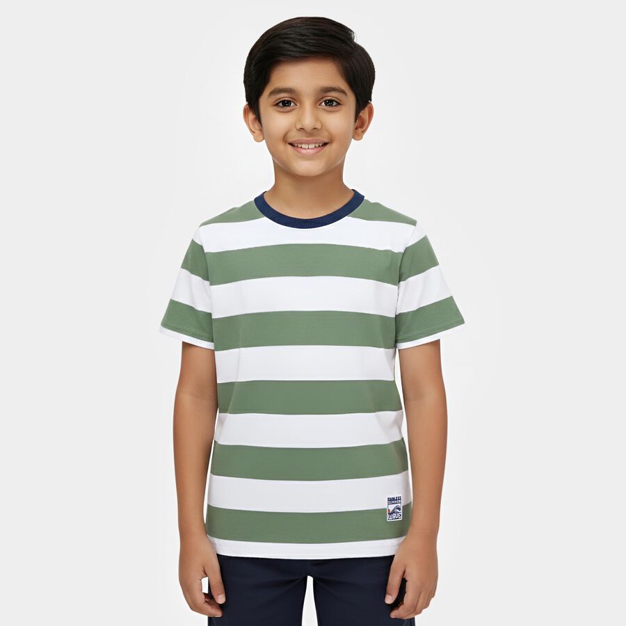 Boys Green Cotton Round Neck Adventure Printed T-Shirt, गहरा हरा, large