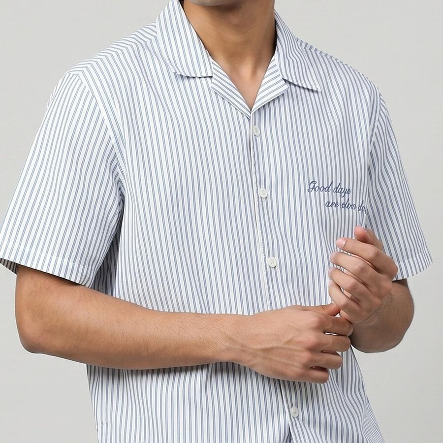 Men Light Blue Cotton Camp Collar Casual Shirt, Light Blue, large