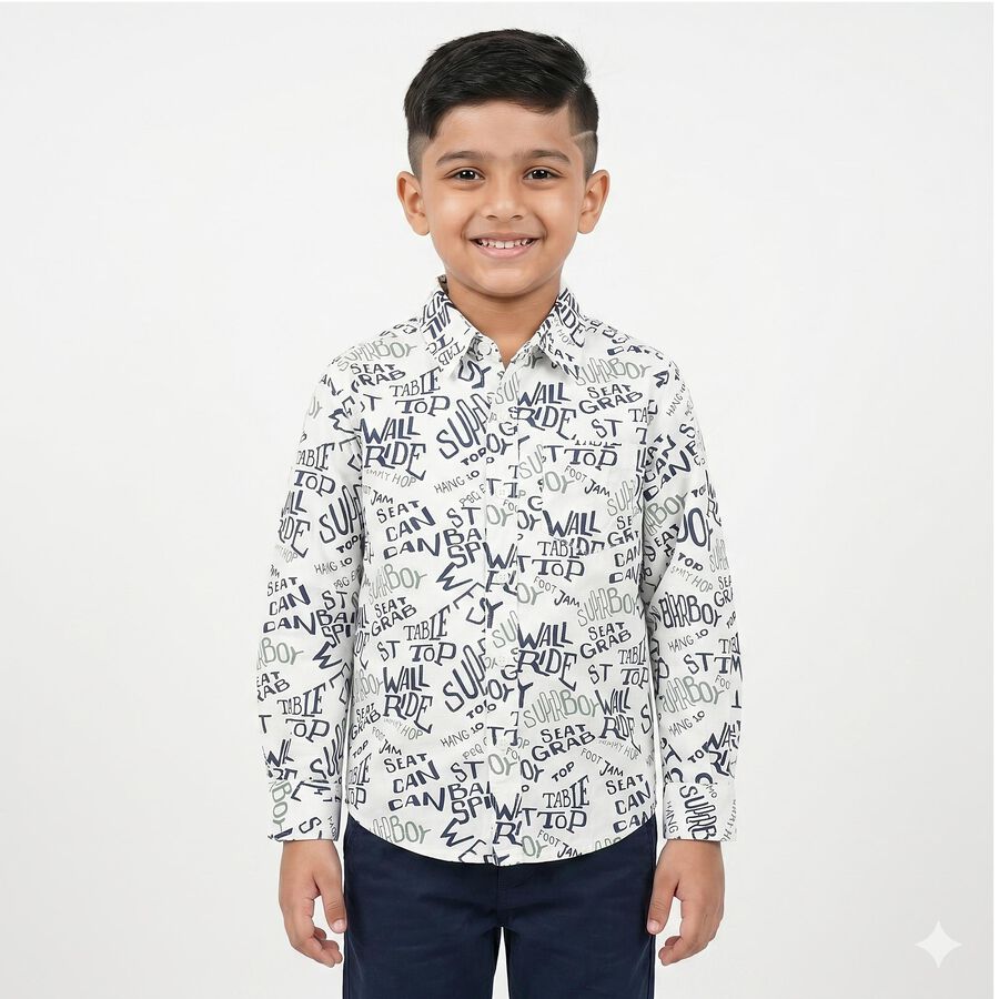 Boys White Cotton Long Sleeve Collar Regular Fit Shirt, White, large