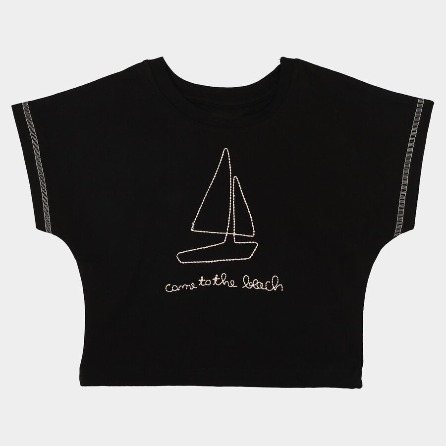 Girls Black Cotton Round Neck Casual T-Shirt, Black, large
