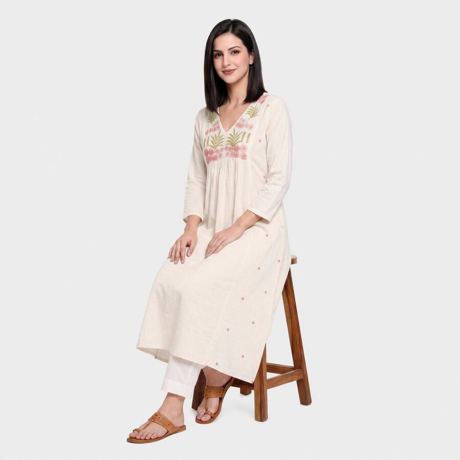 Women's Off White Cotton V-Neck EmbroideOff White Kurta, Off White, large