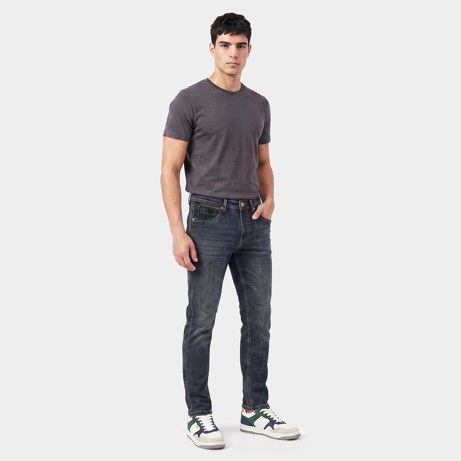 Men's Navy Blue Slim Fit Washed Jeans, Dark Blue, large