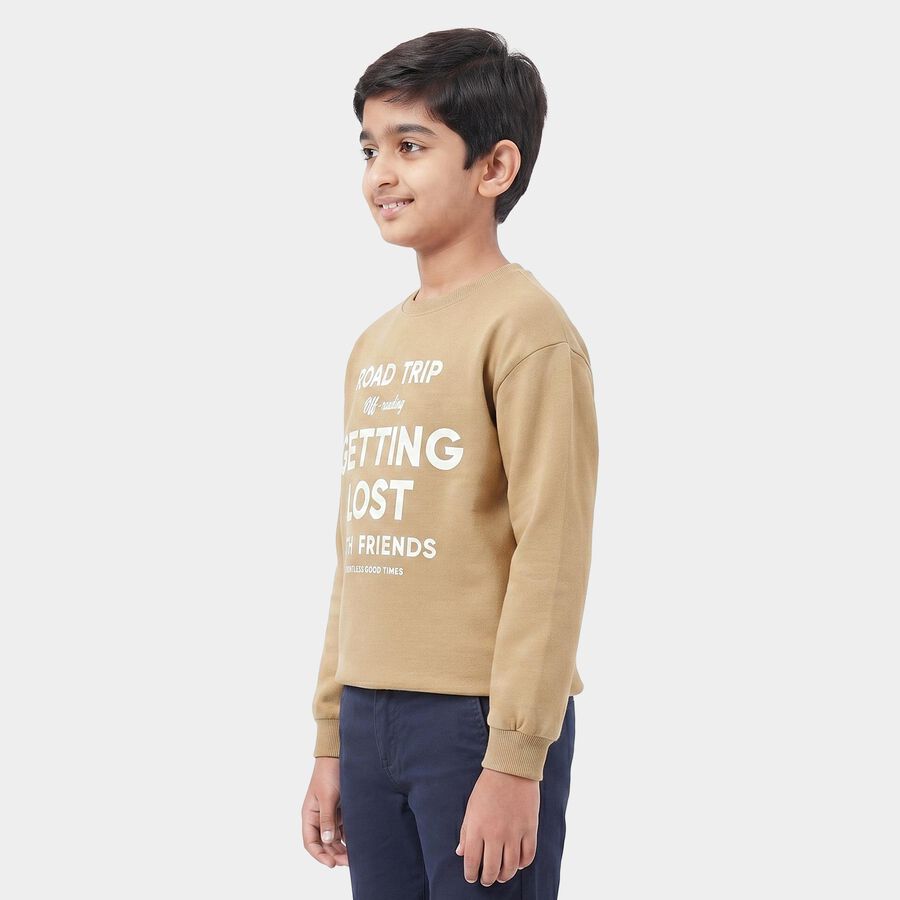 Boys' Beige Crew Neck Graphic Print Sweatshirt, गहरा पीला, large