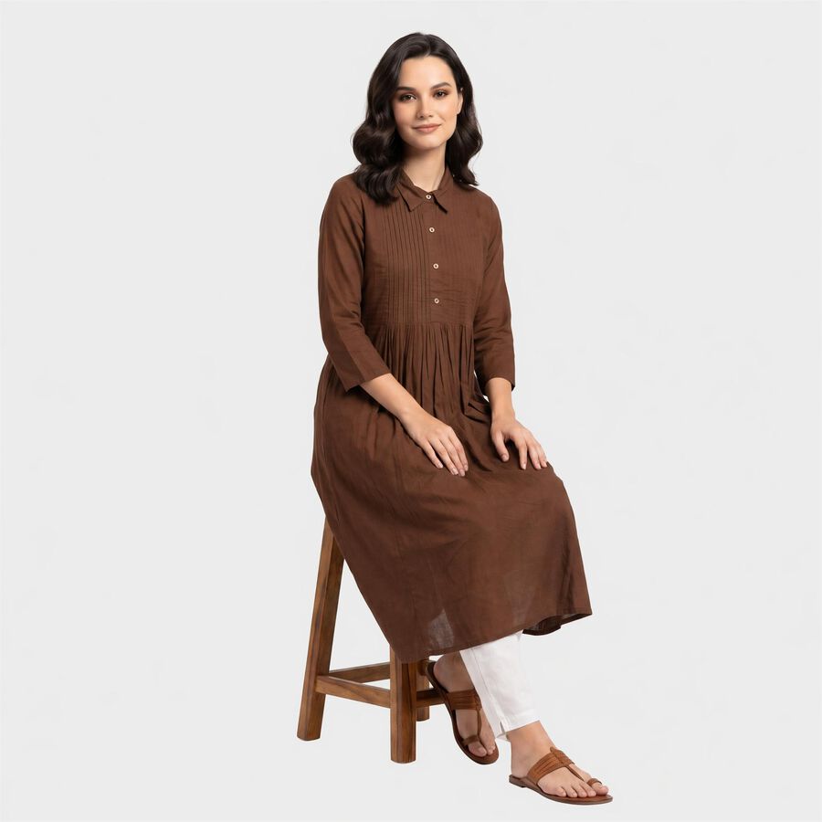 Women's Brown Shirt Collar Kurta, भूरा, large