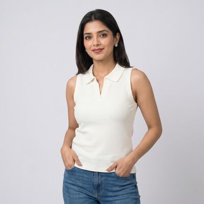 Women's Cream Polo Neck Polo T-Shirt