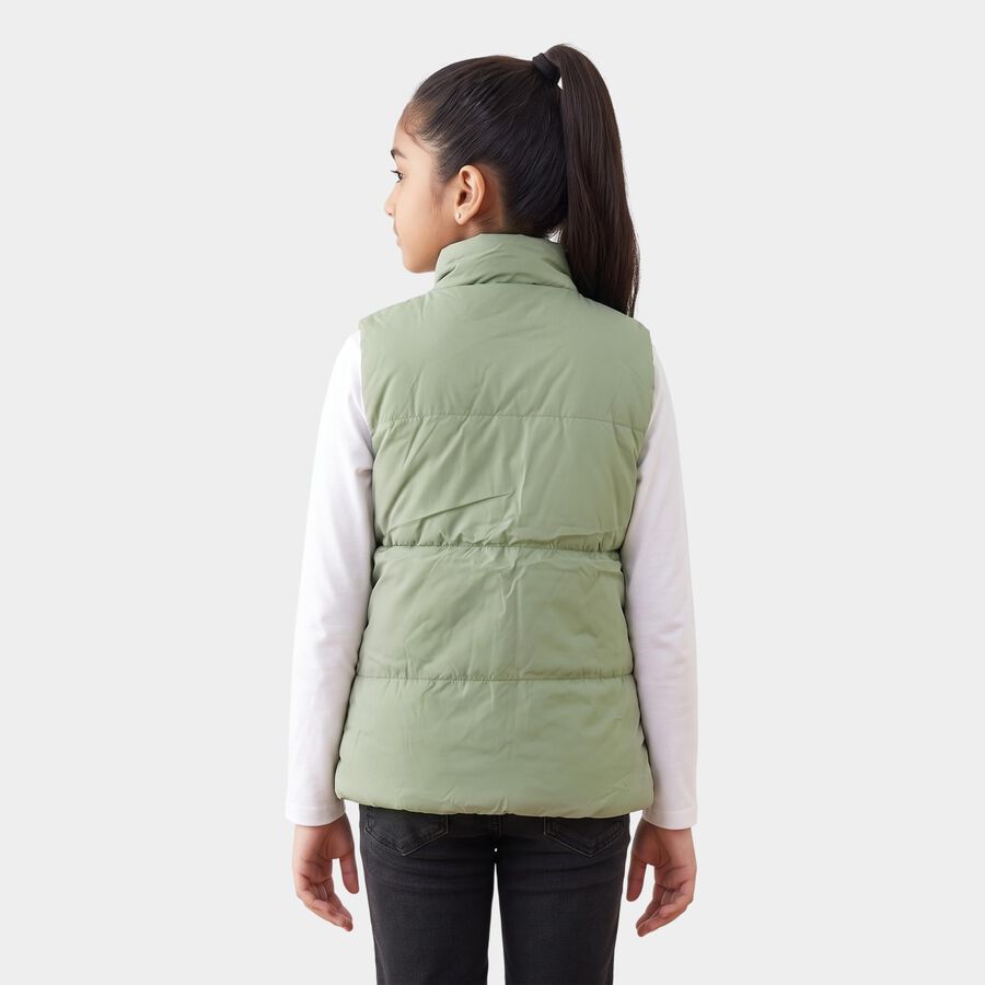 Girls' Sage Green Stand Collar Puffer Jacket, हल्का हरा, large