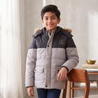 Boys Grey Hooded Puffer Jacket, हल्का ग्रे, small
