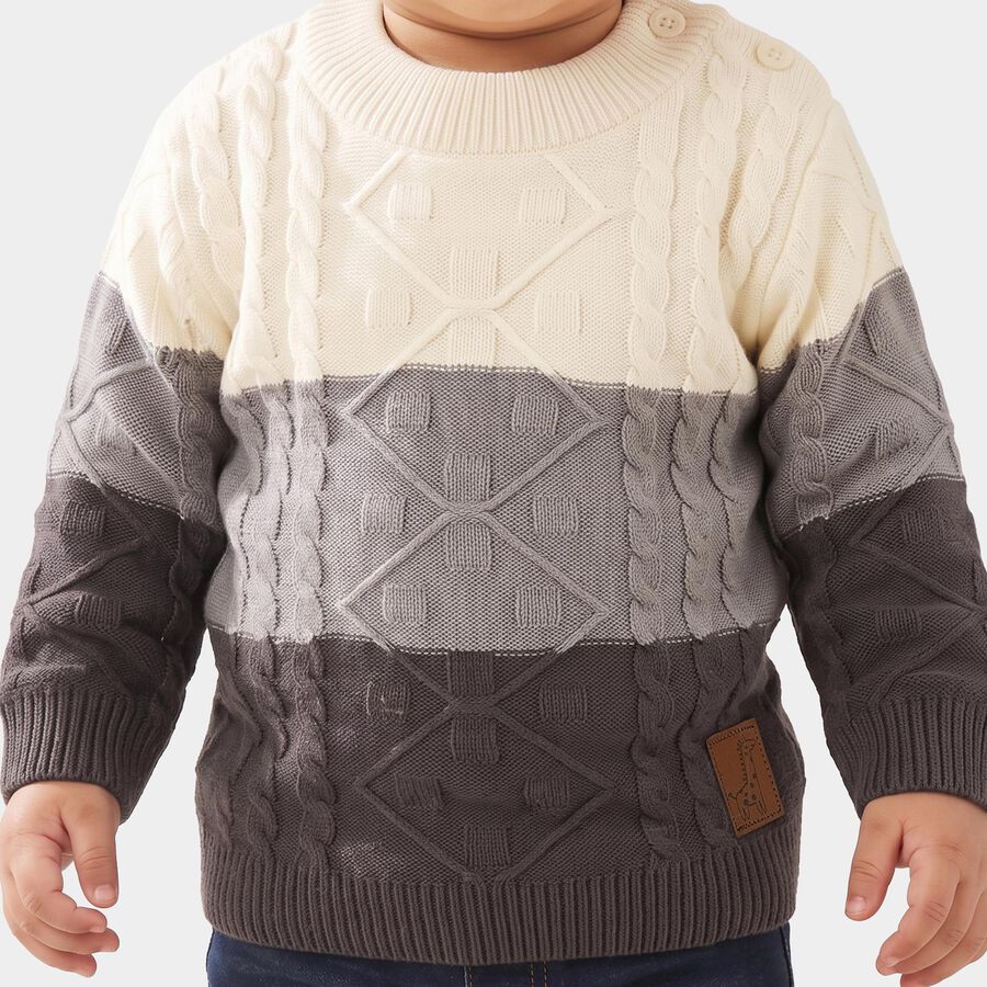 Infants Grey Crew Neck Knitted Design Pullover, चारकोल, large