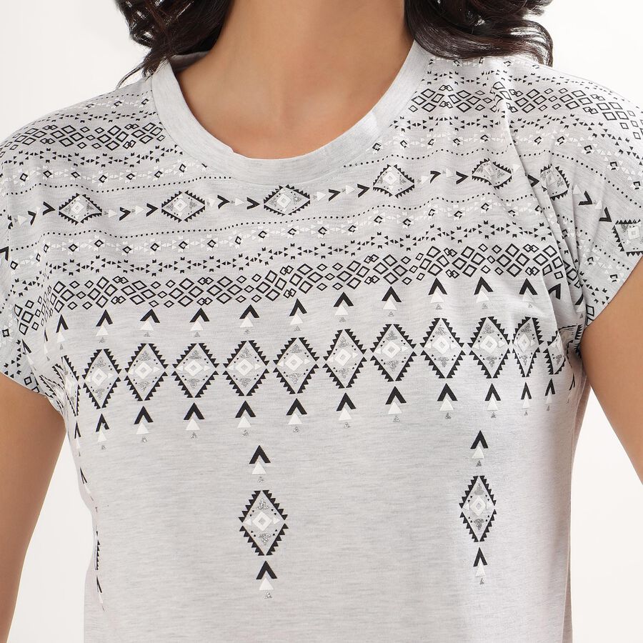 Ladies Light Grey Round Neck Geometric Print T-Shirt, Ecru Melange, large image number null