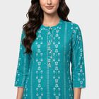 Women's Teal Round Neck Printed Kurta, मध्यम नीला, small