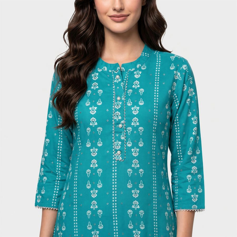 Women's Teal Round Neck Printed Kurta, मध्यम नीला, large