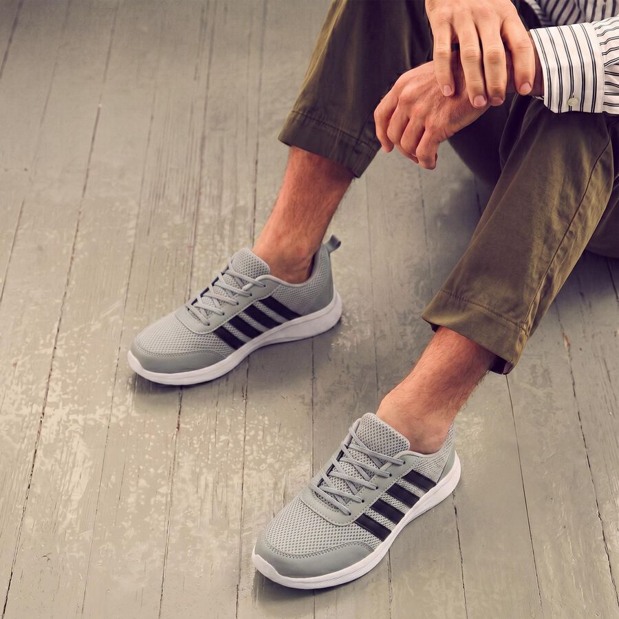 Men's Grey Lace-Up Sneakers, ग्रे, large