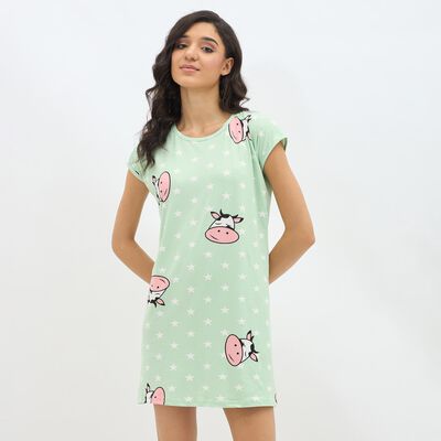 Women's Mint Green Round Neck Casual Nighty