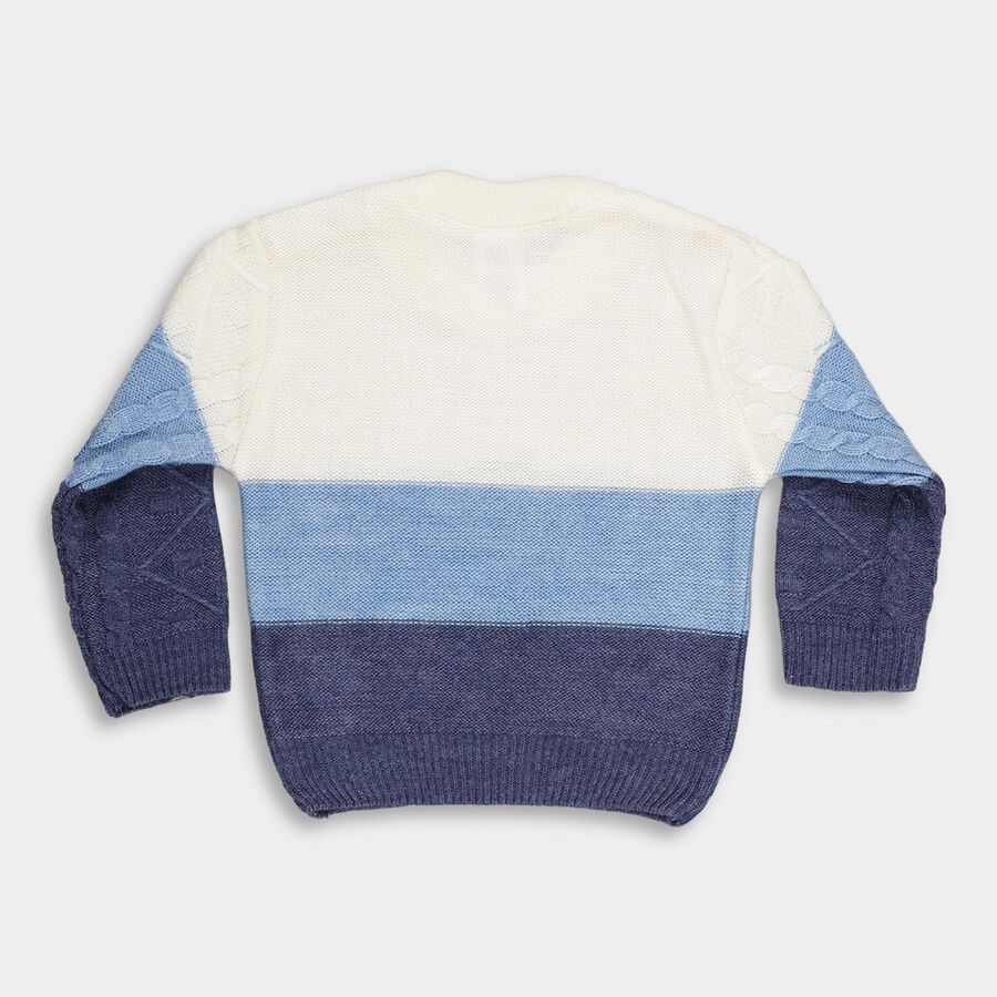 Infants Muted Blue and Ivory White Crew Neck Cable Knit Pullover, मध्यम नीला, large image number null