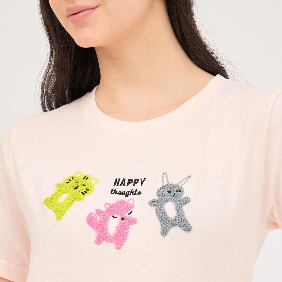 Women's Light Pink Cotton Round Neck Embellished T-Shirt, Light Pink, large