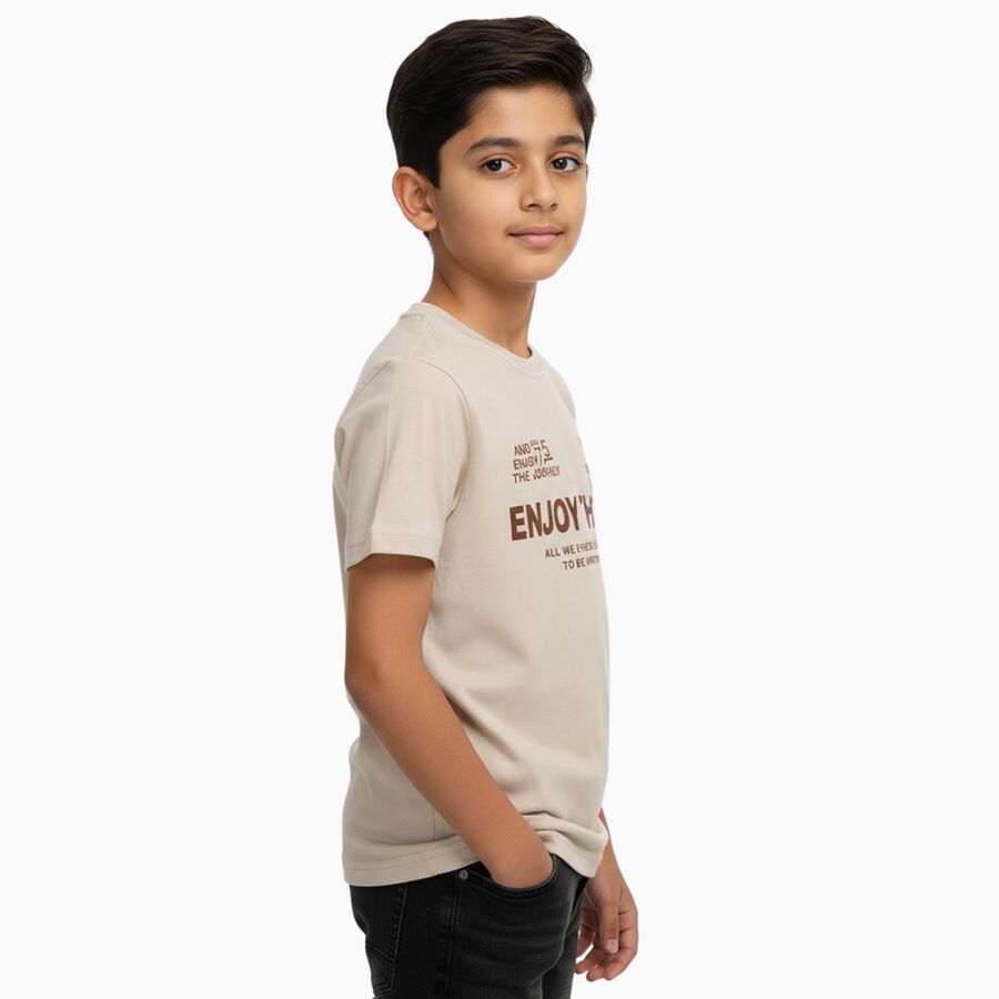 Boys Light Beige Round Neck Casual Half Sleeve T-Shirt, Beige, large