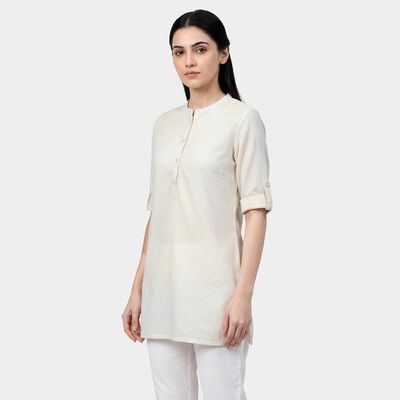 Women's White Cotton Round Neck Straight Kurti