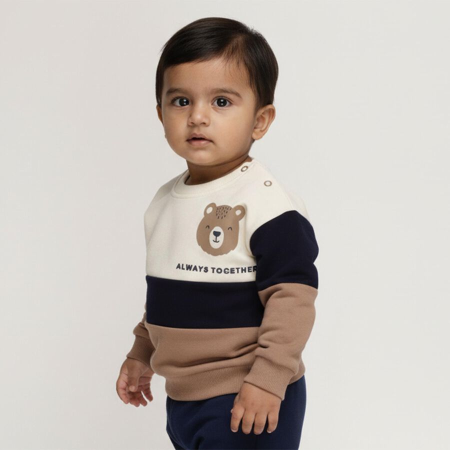 Infants Beige and Navy Blue Cotton Crew Neck Casual Sweatshirt, गहरा पीला, large image number null