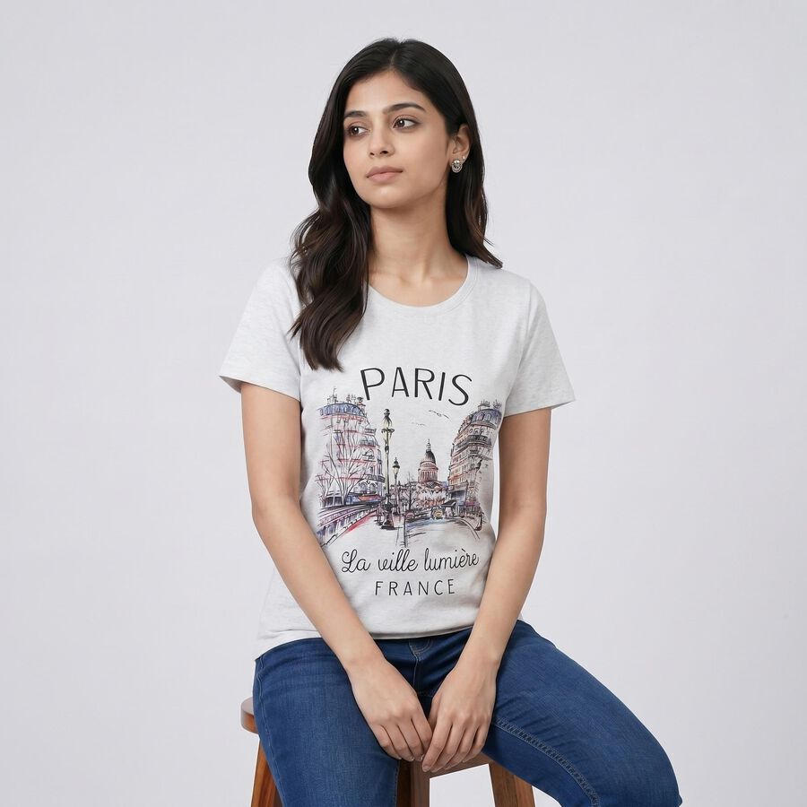 Women Grey Round Neck Regular T-Shirt, Ecru Melange, large