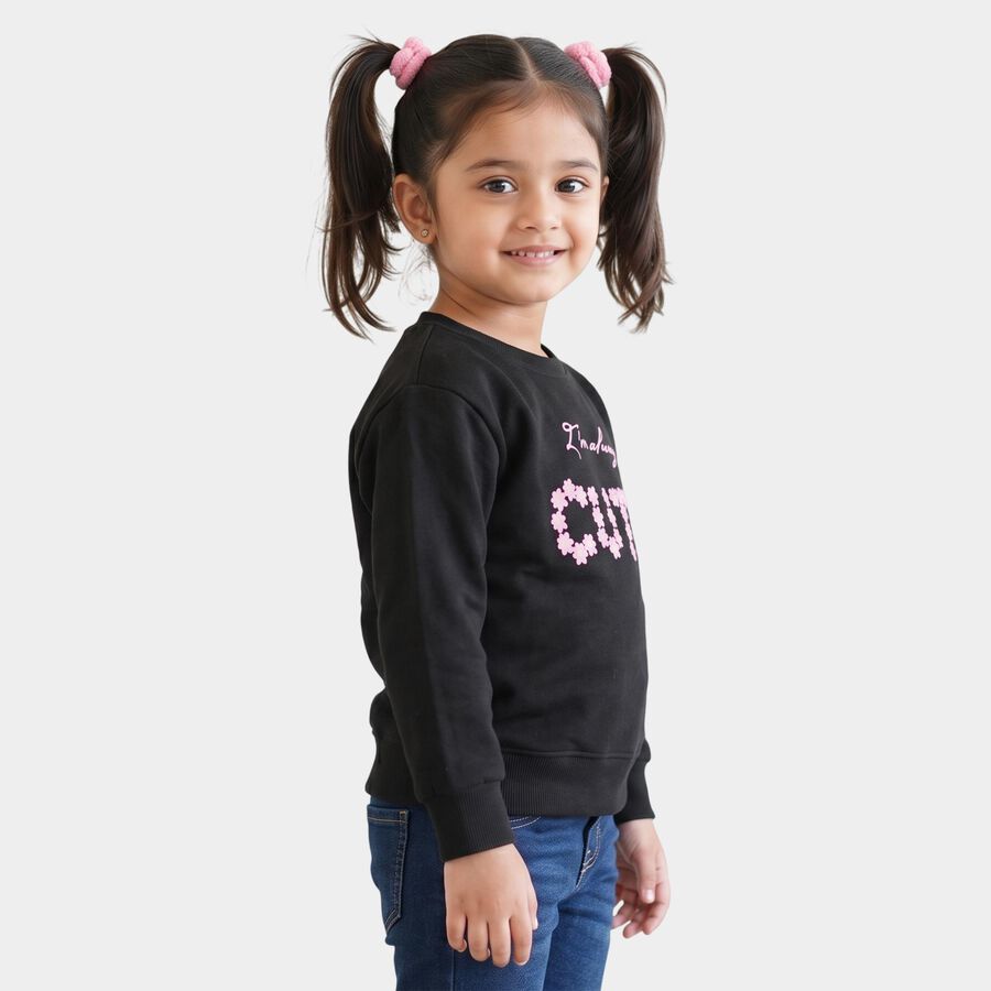 Girls Black Round Neck Graphic Pullover Sweatshirt, Black, large