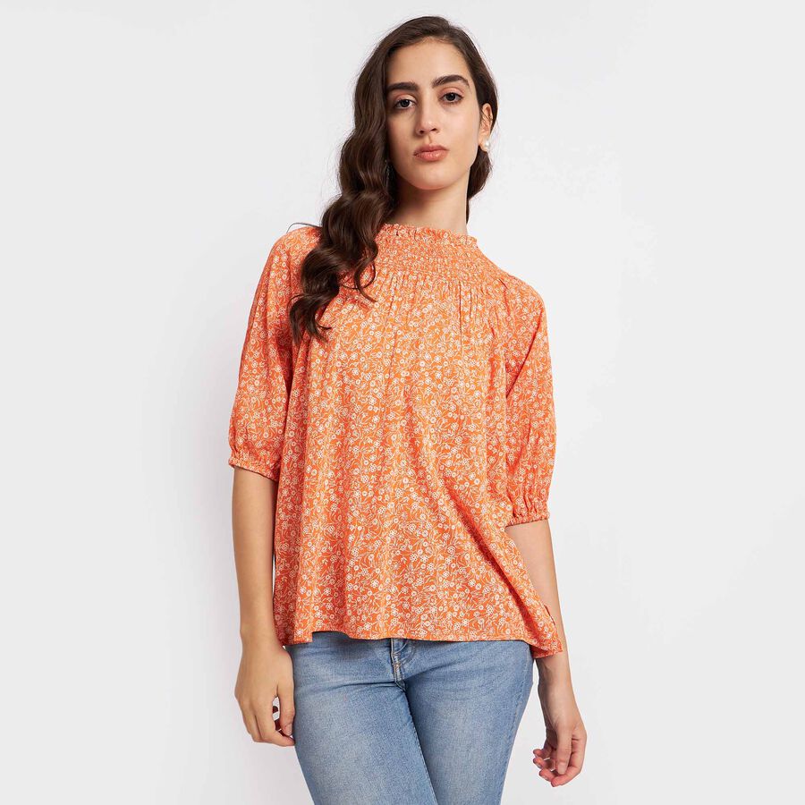 All Over Print Elbow Sleeve Top, Orange, large image number null