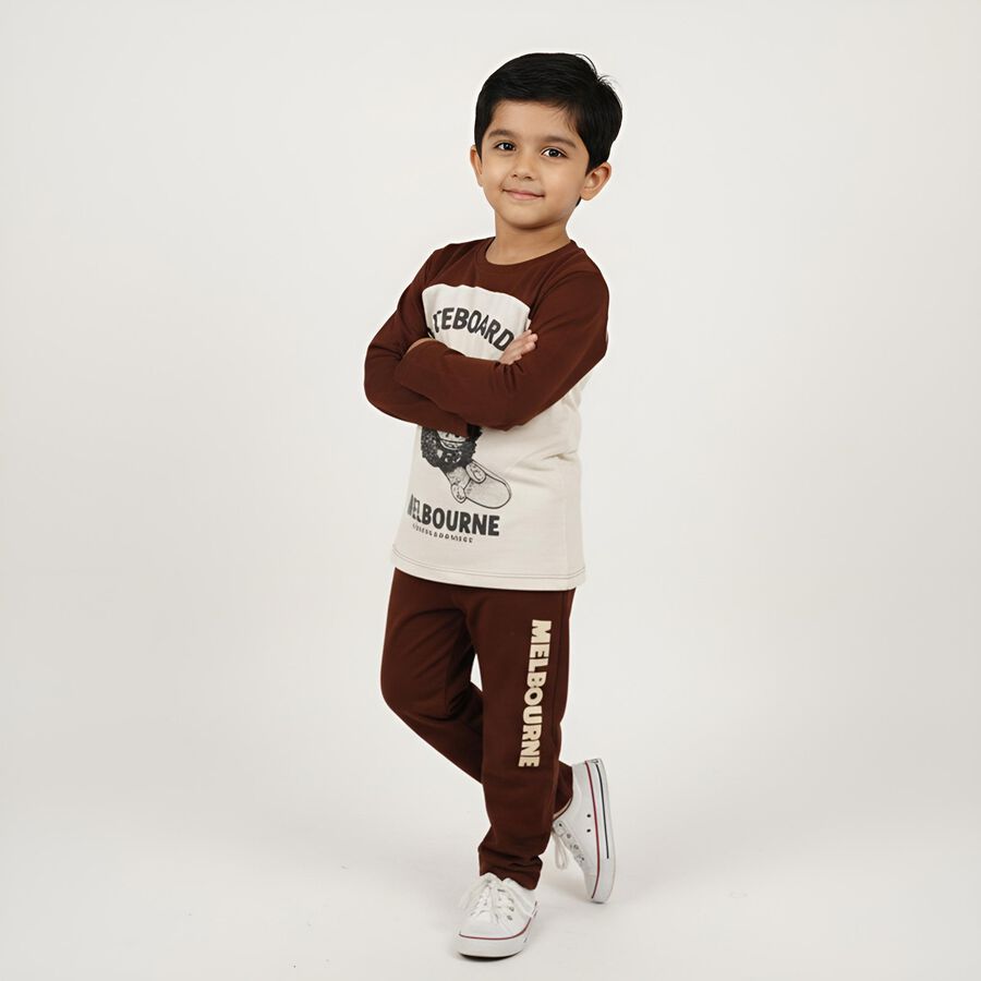 Boys' Dark Chocolate Brown and Cream White Cotton Graphic Printed Baba Suit, Off White, large image number null