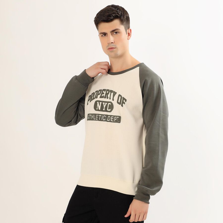 Men's White and Olive Green Crew Neck Casual Sweatshirt, Off White, large image number null