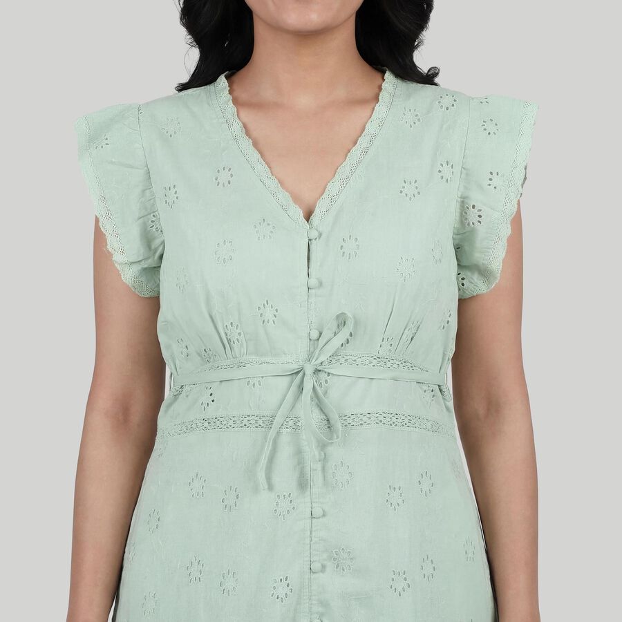 Women's Light Green Cotton Round Neck Floral Print Ruffle Sleeve Dress, Light Green, large